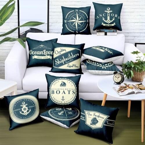 Hot Ocean Voyage Deep Blue Cushion Cover Polyester Twill Fabric Sailing Mediterranean Style Retro Pillowcase Decorative Home 18"