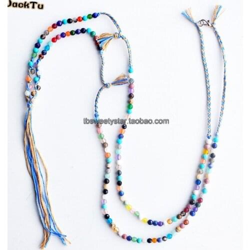 Handmade mixed natural stone cotton long necklace for women