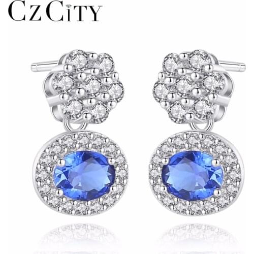CZCITY New Blue Oval Topaz Stud Earrings With Solid Miniature White Zircon Flowers 925 Sterling Silver Fine Jewelry For Women