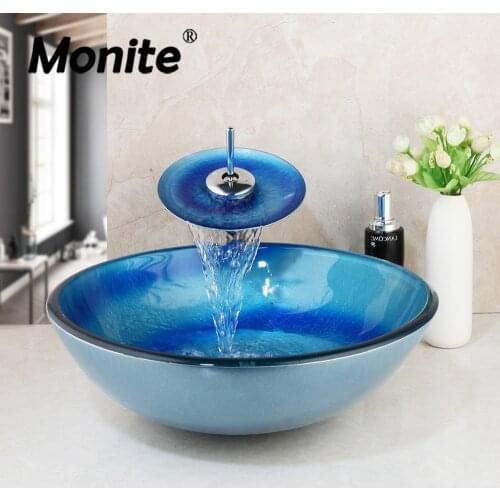 Monite Blue Tempered Glass Hand-Painted Lavatory Deck Mount Basin Tap Bathroom Sink Washbasin Bath Sink Combine Set Mixer Faucet
