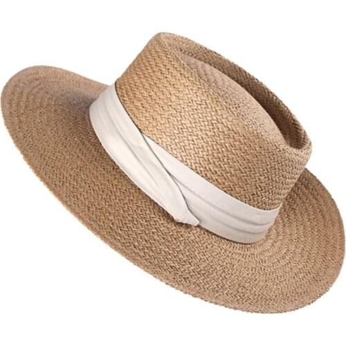 Women Summer Woven Straw Banded Sun Hat Holiday Vacation Flat Wide Brim Sunscreen Casual Outdoor Boater Beach Jazz