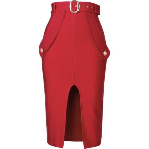 Sospebgy) Winter New Fashion All-match Womens Short Skirt Sexy Bodycon Bandage Fabric Button Belt High Slit Short Skirt