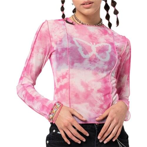 Y2K Women Sheer Mesh Butterfly Tops Long Sleeve Crew Neck Tie Dye Print Stitch T-Shirts Young Style