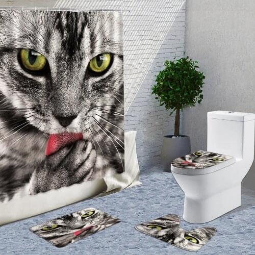 Animal Shower Curtain Fabric 4-Piece Set Cat Dog Elephant Tiger Bathroom Curtains Non-Slip Rug Toilet Lid Cover And Bath Mat