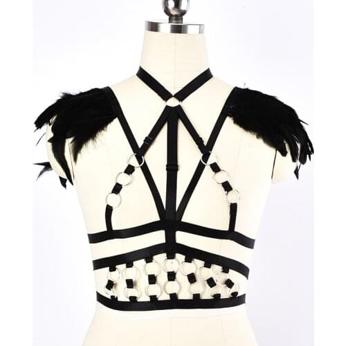 JLX.HARNESS Womens Body Harness Belt Silver Color O-Ring Festival Rave Wear Feather Goth Punk Cage Bra Sexy Black Wing Epaulett