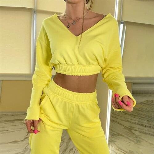 Loose Casual Two Piece Set Women harajuku Long Sleeve V-Neck Pleated Short Top+Elastic Waist Sporty Active Female Pants