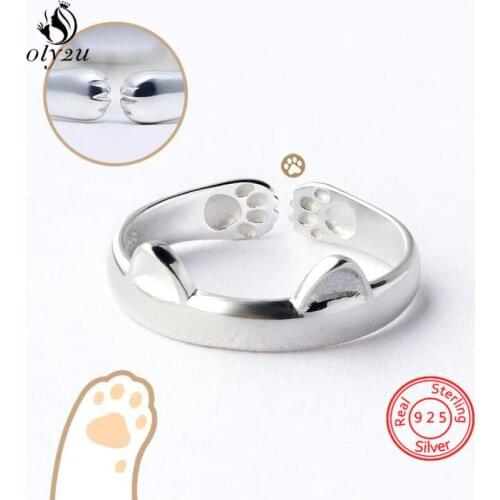 Punk 925 Sterling Silver Cute Cat Paw Ears Animal Shape Adjustable Finger Rings for Women Kids Fine Jewelry Accessories 2021 New
