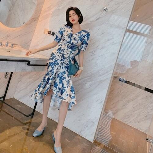 New arrival fashion korean style party dress women elegant summer vintage puff sleeve print temperament chiffon mermaid dress