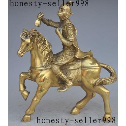 10"Chinese Famous myth brass Sun Wukong Monkey King god buddha Ride Horse statue