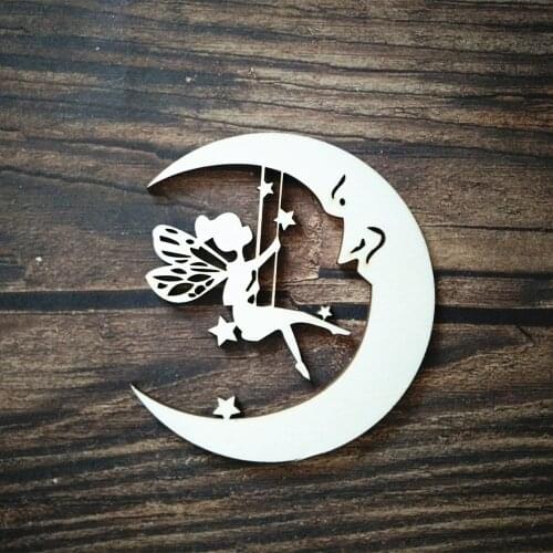 10pcs 10cm Laser Cut Wooden Wood Fairy Swinging on Moon Home Decor Wall Hanging DIY Craft Scrapbooking Party Decorations