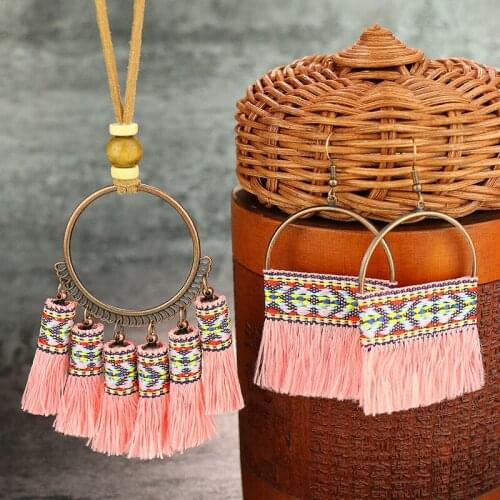 2021 New Bohemian ins Fabric Cold Wind Earrings Necklace Jewelry Set Ethnic Style Tassel Sweater Chain Jewelry Women