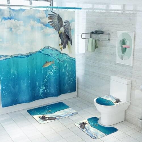 180*180cm 3D Fabric Shower Curtains Eagle Catch Fish Bathroom Curtain Non-Slip Rugs Toilet Lid Cover and Bath Mat Carpet