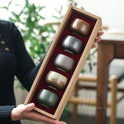 5pcs Chinese style Kungfu tea cup with exquisite packaging box Ceramic Drinkware, Stoneware Water Cup, Japanese coffee Cup Set