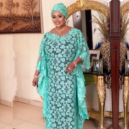 African Dresses For Women Muslim Long Dress High Quality Long Sleeve Fashion African Lace Dress Lady Africa Clothing And Headtie