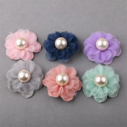 Free Shipping 20PCS 40MM Chiffon Pearl Core Jewelry Flowers Ornament Accessories Girls Hair Clips Garment Ornament Shoes Decor