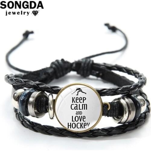 SONGDA Keep Calm And Love Hockey Bracelet Field Hockey Sports Wristband Cartoon Photo Handmade Glass Dome Charm Leather Bracelet