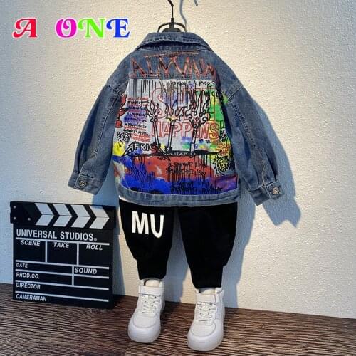 Spring Autumn Boys Jackets Kids Coat Baby Clothes Boys Denim Jacket Fashion Cartoon Doodle Children Clothing 2 To 8 Yrs