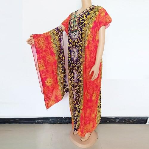 Spring Summer Vintage Maxi Dress 2021 Sundress Ladies Short Sleeve Orange Cotton Dresses Femme Robe with Scarf