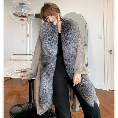 FURSARCAR Natural Real Mink Fur Coat With Big Real Silver Fox Fur Collar Women Winter High Street Jacket Real Mink Fur Overcoats