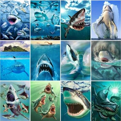 HUACAN Paint By Numbers Shark Animal Acrylic Unique Gift Coloring By Number Flower Kits Home Decoration