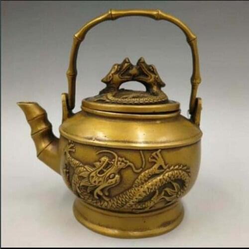 Chinese Handmade Carved Antique Double Dragon Flagon Copper Teapot Kettle