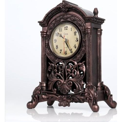 Classic Antiqued Quartz Mantel Clock Decorative Woodlike Sculpture Table Home Office Decor