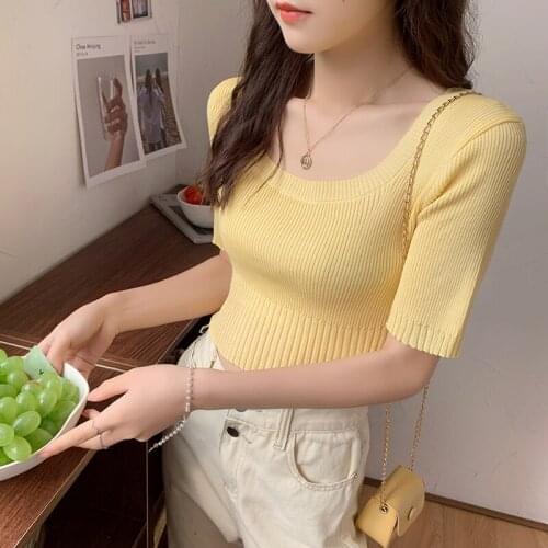 Candy Color Summer Knitted Shirts Women O-Neck Short Sleeve Casual T-Shirts Ice Silk Thin Tops Elegant Office Lady French Z426