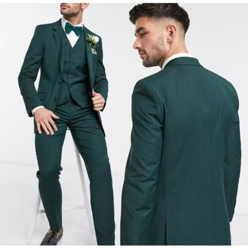 Mens Wedding Tuxedos Dark Green Two Button 3 Pieces Groom Wear Suits Best Man Formal Blazer Suit(Jacket+Vest+Pants)