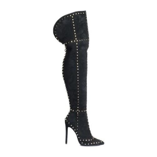 New Fashion Women Pointed Toe Suede Leather Over Knee Rivet Gladiator Boots Thin High Thigh Long High Heel Boots Dress Shoes