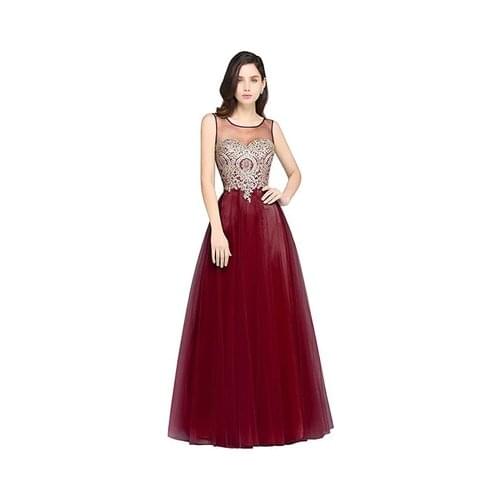 New Summer Womens Sleeveless Round Neck Mesh Long Dress Applique Sexy Backless Party Evening Dress