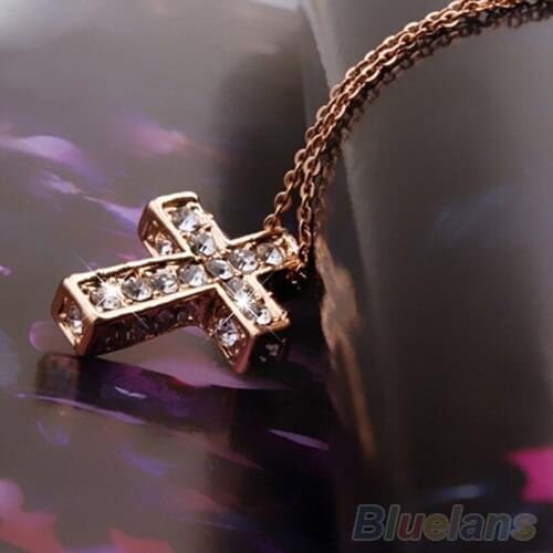 Hot Women Shiny Rhinestone Cross Pendant Golden Alloy Chain Choker Necklace 1U9F 4NGZ 7GDP BDOE