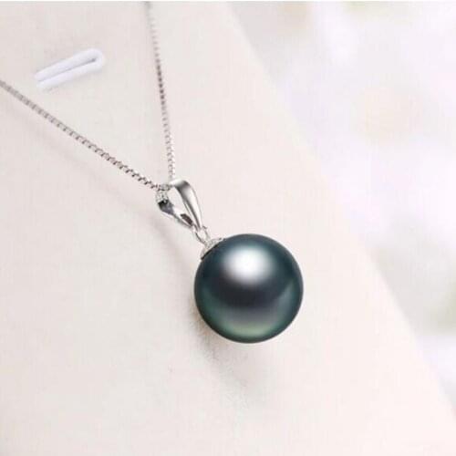 10-11mm natural round tahitian black green pearl pendant necklace 18inch
