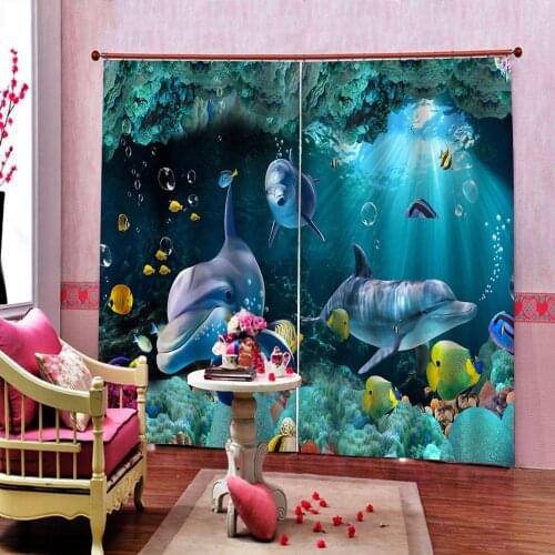 Custom 3D Polyester Fabric Blackout Curtain Underwater World Sea Style dolphins Curtain For Childrens room Bedroom Decor Sets