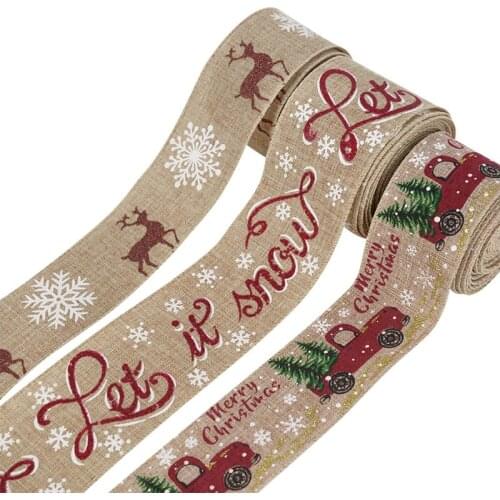 5M/Roll Christmas Ribbon Imitation Hemp Snowflake Reindeer Print Lace Ribbon Christmas Tree Bow Fabric Wedding Decoration
