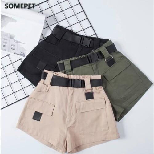 High Waist Wide Leg Cargo Womens Shorts Vintage Sashes Solid Khaki Pocket Women Shorts Summer Fashion NEW Casual Clothes