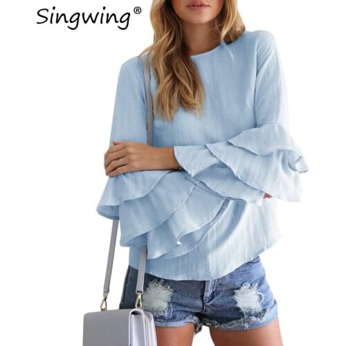 Singwing Ruffles sleeve Women Shirts Blouse Solid Color Fashion Shirts Long Sleeve O-neck Ladys Blouses Top