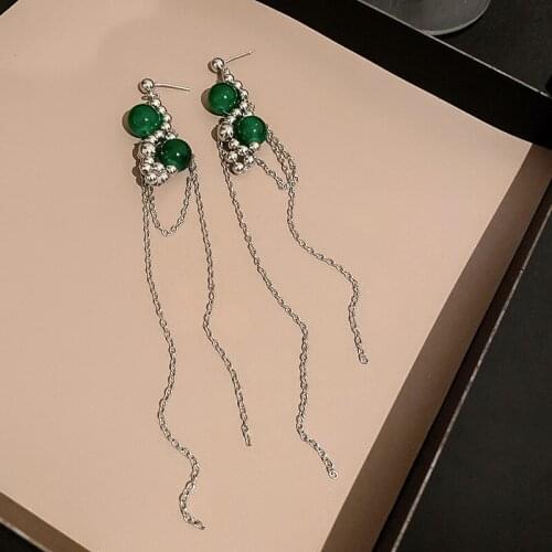 Minar Vintage Green Color Crystal Drop Dangle Earrings for Women Silver Color Beads Twisted Long Tassel Earrings Party Jewelry