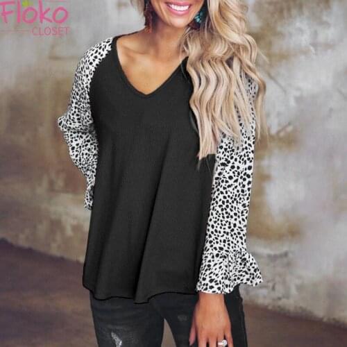 Flokocloset Leopard Print Stitching V-Neck Long Sleeve T-shirt Autumn Loose Casual Womens Butterfly Sleeve Top