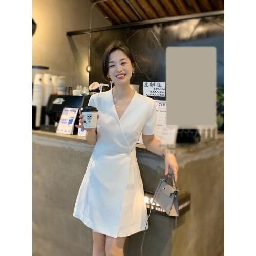 Sweet Professional Commuter Lady Skirt White Dress Female Pink 2021 Summer French V-neck Waist Black Dresses Women Korean Youth