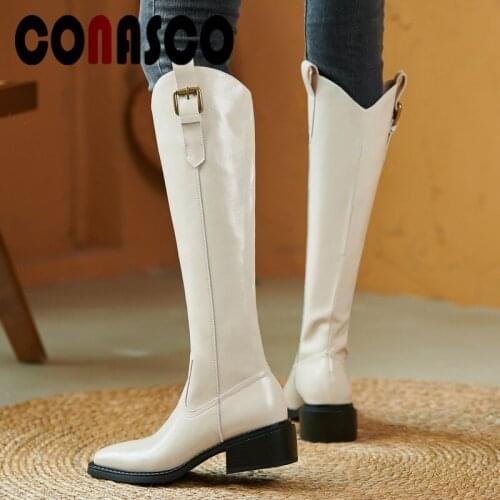 CONASCO Elegant Women Knee High Boots Autumn Winter Warm Cow Leather Causal Party Prom Shoes Concise Belt BuckleBoots Woman