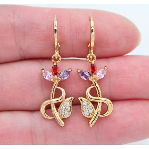 Colorful Zirconia Romantic Flower Dangle CZ Earrings for Women Anniversary Jewelry