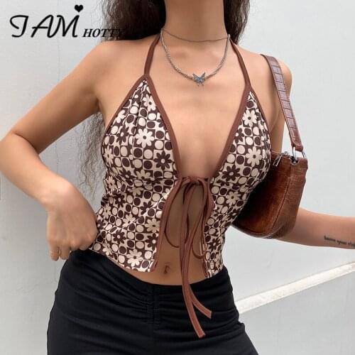 Y2k Sexy Floral Printed Halter Camisole Women Harajuku Vintage V Neck Lace-up Beach Party Outfits Summer Crop Top Camis Iamhotty