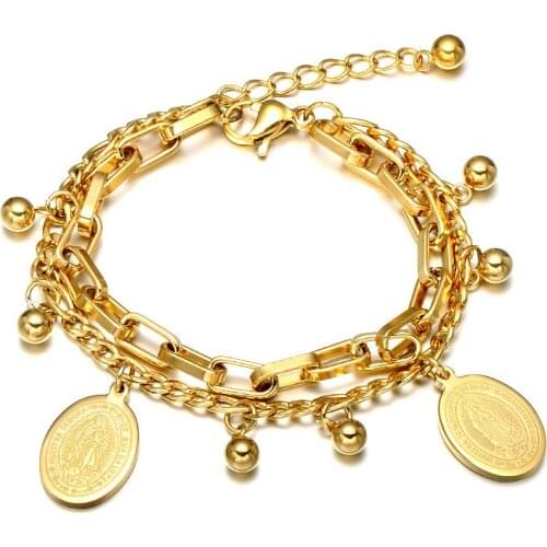 Stainless Medical Steel Virgin Mary Bracelet Multilayer Gold Color Coin Beaded Charm Fashion Jewelry For Women Gift