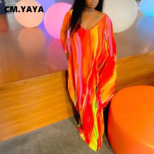 CM.YAYA Women Tie Dye V-neck Long Sleeve Loose with Pocket Maxi Dress INS Sexy Party Autumn Winter Streetwear Long Dresses