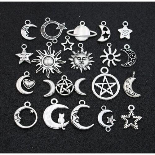 20pcs Antique Silver Plated Moon Star Sun Charms Pendants for Bracelet Jewelry Making DIY Handmade Craft 20styles