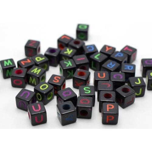 200 Black with Neon Color Assorted Alphabet Letter Cube Beads 8X8mm