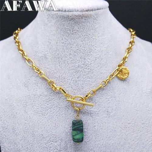 2021 Fashion Green Natural Stone Stainless Steel Necklaces for Women Gold Color Statement Necklace Jewelry bijoux femme NZ23S02
