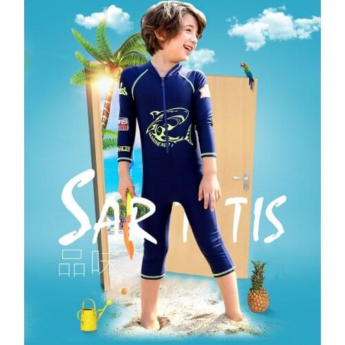 Long Sleeves Kids Wetsuits Zipper Shark Print Boys Diving Suits Children Rash Guards One Pieces Swimwear & Cap Surfing Swimsuit
