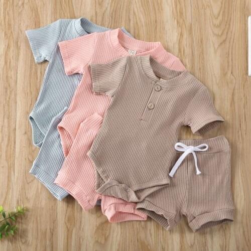 US Stock 0-24M Baby Solid Bodysuit Newborn Baby Kid Boy Girl Clothes Bodysuits Shorts Outfits Summer Clothing Set ropa de bebe