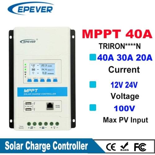 Epever 40A 30A 20A TRIRON Modular MPPT Solar Charge Controller 12V/24VDC Charger Regulator with Dual USB and Black-lighting LCD